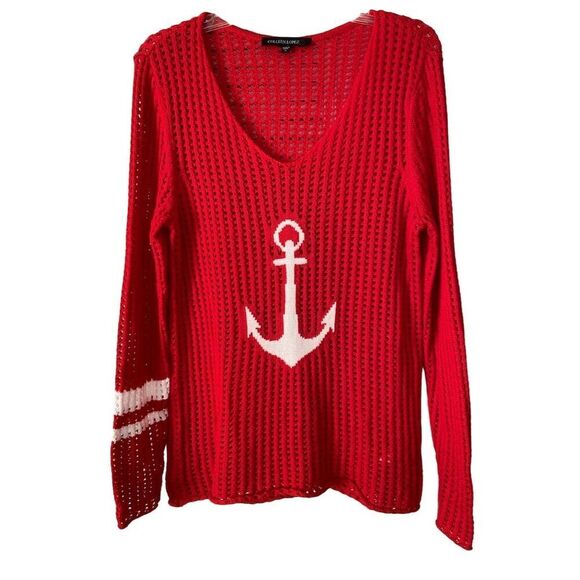 Colleen Lopez M Red Crochet Anchor Pullover Sweater V-Neck Casual - Picture 2 of 11